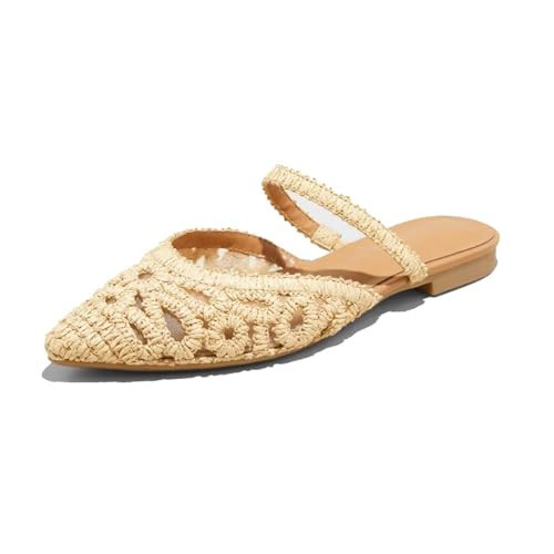 Mesh Mules for Women Comfy Raffia Woven Strap Closed Pointed Toe Mule Flats Casual Slip on Dress Slides Flats | Amazon (US)