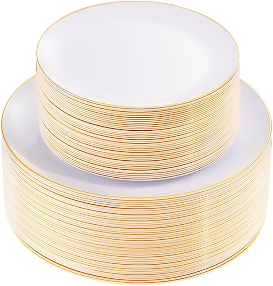 KIRE 100PCS Gold Plastic Plates - White Disposable Plates with Gold Rim for Party/Wedding - Inclu... | Amazon (US)