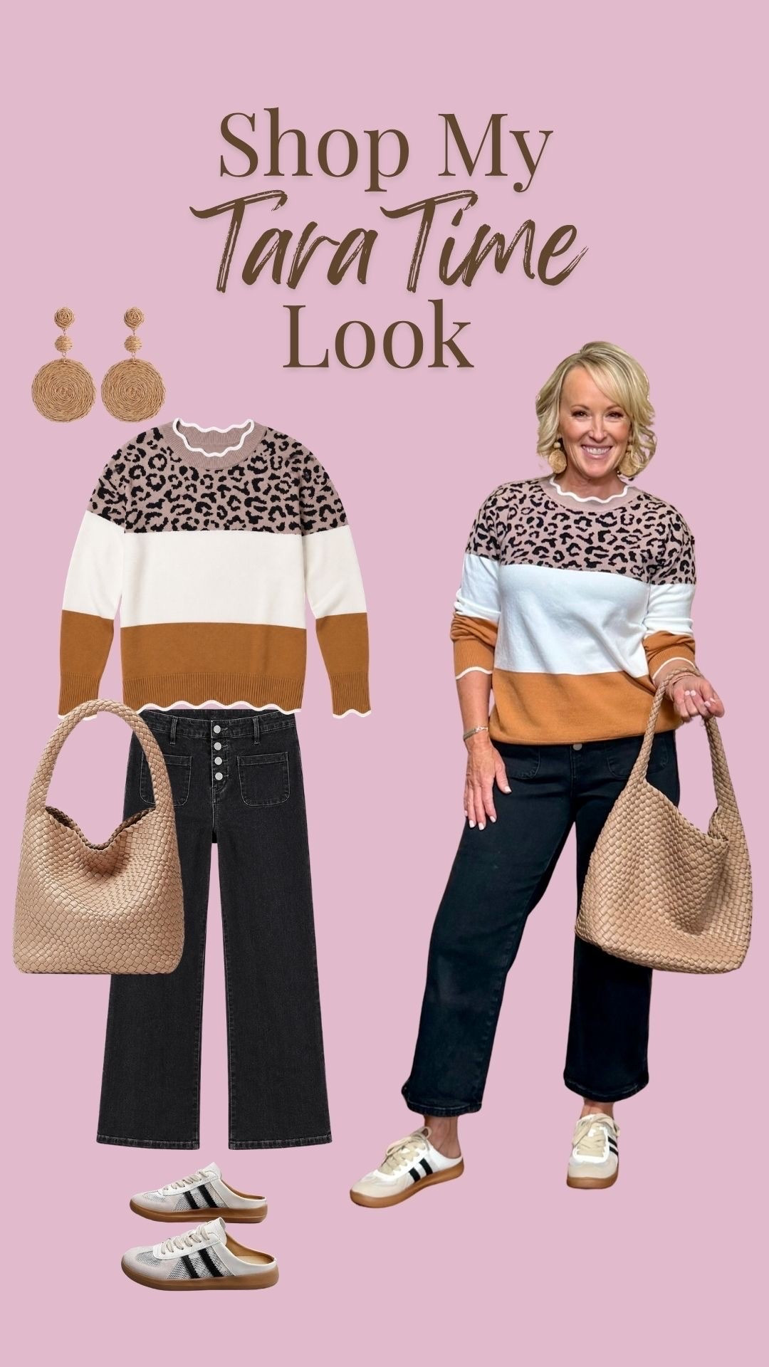 The first day of September calls for a fun fall look! This leopard color block sweater pairs perfectly with my black wide leg jeans that are a staple in my fall wardrobe. I topped it off with these cute mule sneakers, a Raffia drop earring, and my favorite woven tote that fits everything! Shop my Tara Time look 🤎🩷

#LTKootd #LTKSeasonal #LTKPetite