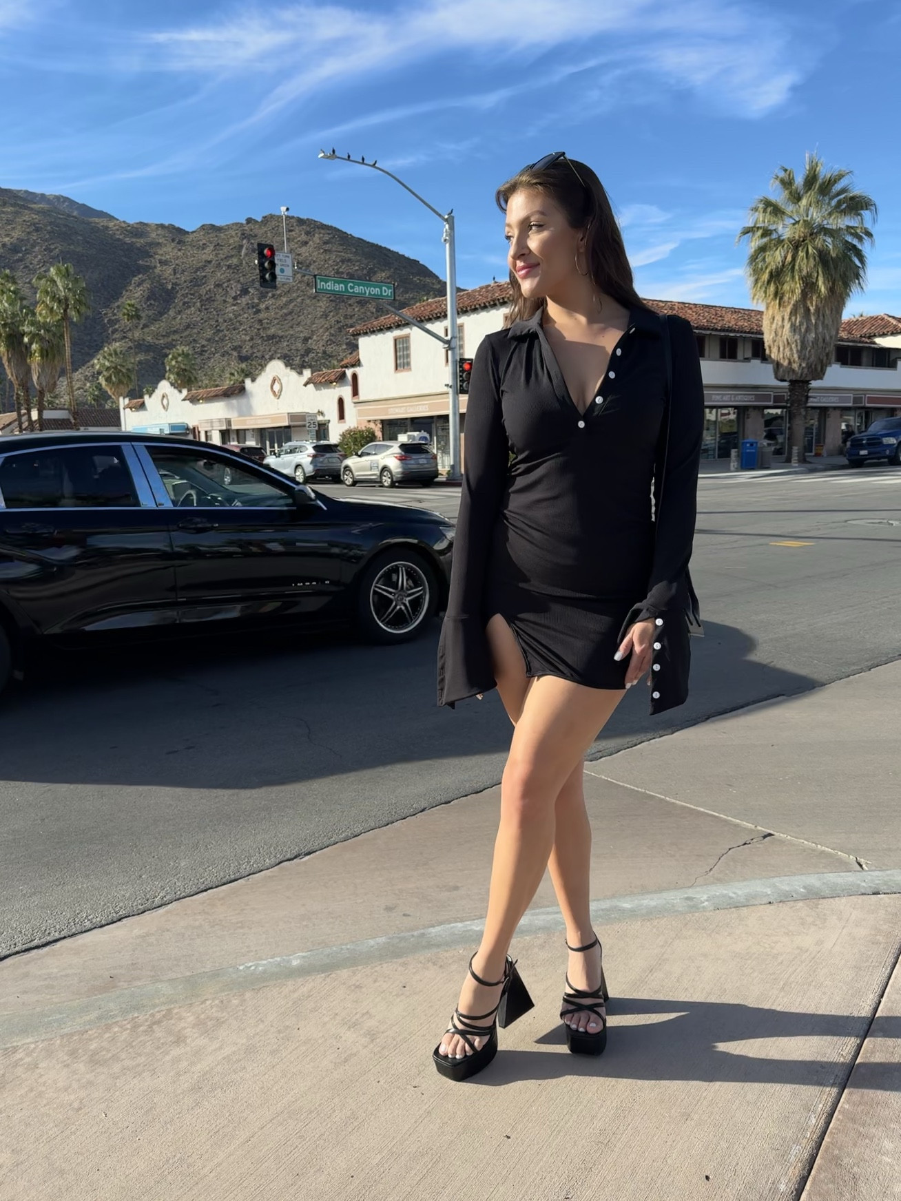 Strolling along the streets in Palm Springs in a cute black mini golfer type dress & Strappy platform flare heels. Products are closest I could find! Originals are sold out :(

#LTKstyletip
