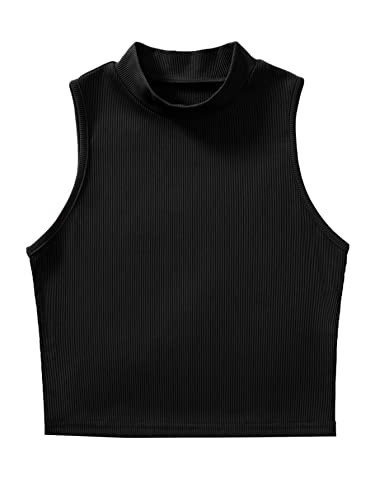 Verdusa Women's Basic Sleeveless Mock Neck Rib Knit Tank Crop Top Black L | Amazon (US)