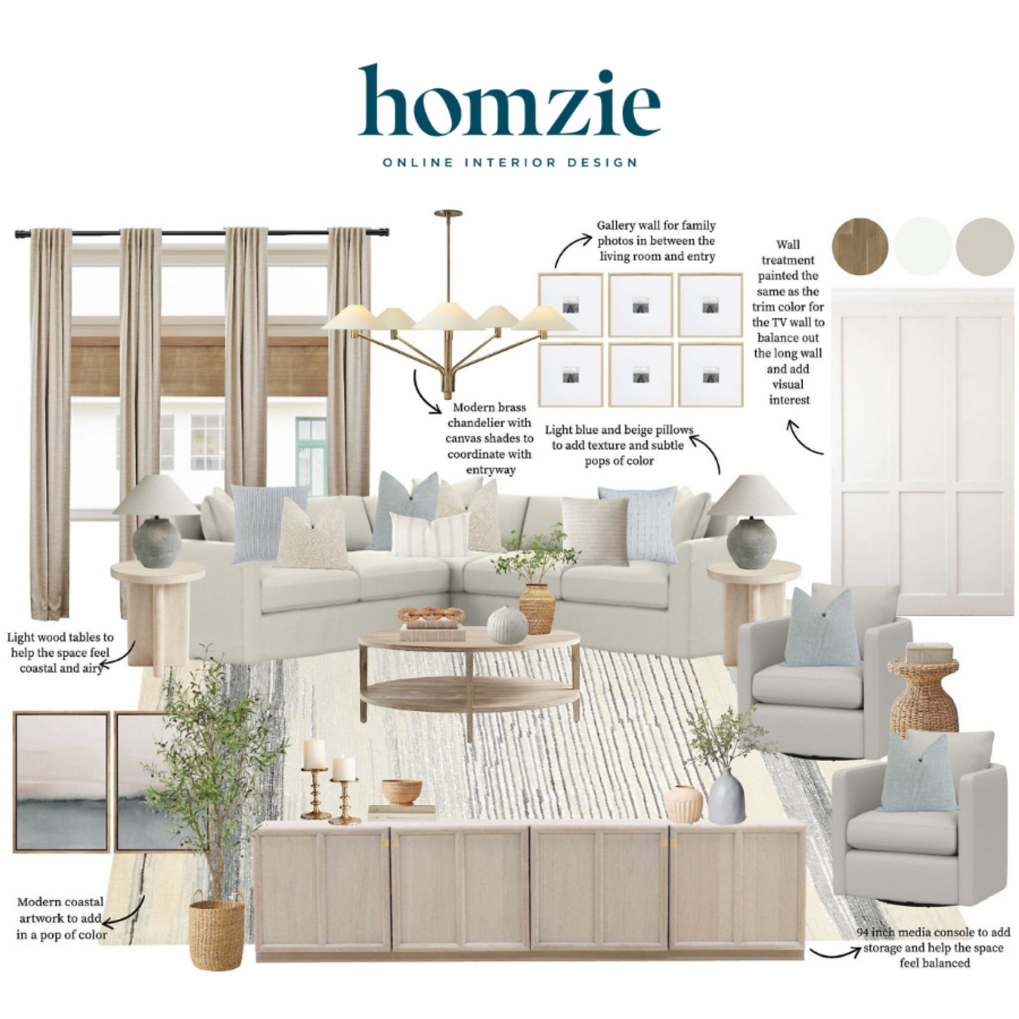 Pure Salt Interiors inspired coastal living room design! We love this chandelier, xl media console, oak gallery frames, and linen curtains! 

#LTKFamily #LTKTravel #LTKHome