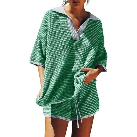 FRSASU Women s 2 Piece Shorts Knit Set Casual Summer/Fall V Neck Short Sleeve Sweater High Waisted Shorts Knit Fashion Set Green L(L) | Walmart (US)