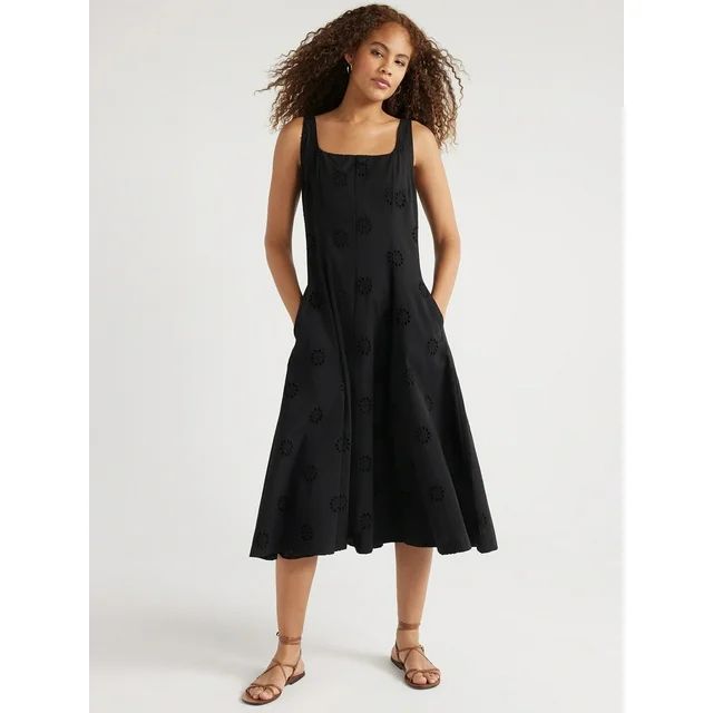 Free Assembly Women's Cotton Sleeveless Square Neck Eyelet Midi Dress, Sizes XS-XXL | Walmart (US)