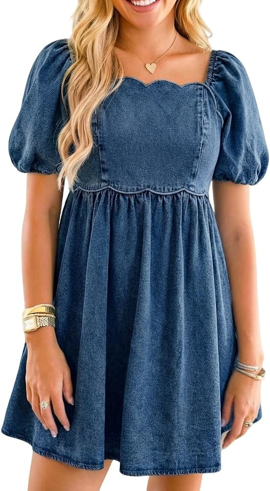 Denim Dress Babydoll Jean Square Neck Puff Sleeve Casual Country Concert Dresses with Pockets for Women 2026 | Amazon (US)