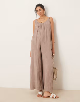 ASOS DESIGN double cloth plait tie detail scoop neck jumpsuit in taupe | ASOS | ASOS (Global)