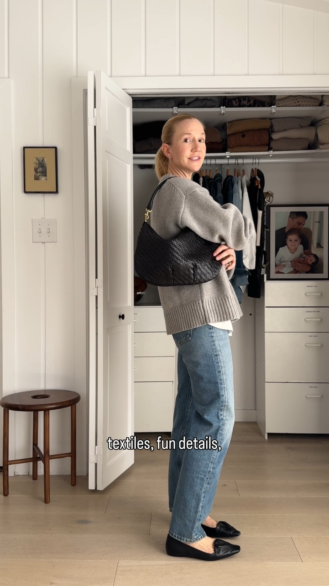 The perfect easy outfit!  Great straight leg jeans, a beautiful simple sweater, black flats and a fun bag, can’t go wrong!