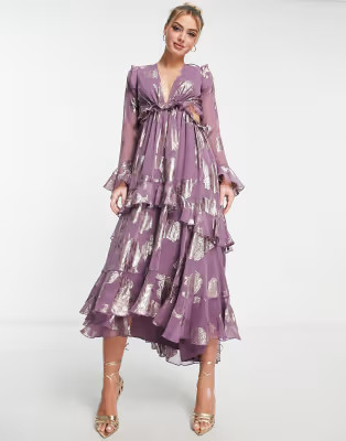 ASOS DESIGN ruffle floral jacquard midi dress with tiered skirt in mauve | ASOS (Global)