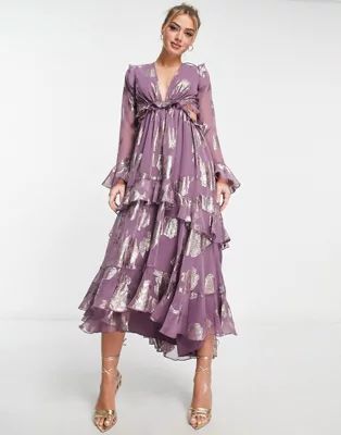 ASOS DESIGN ruffle floral jacquard midi dress with tiered skirt in mauve | ASOS (Global)