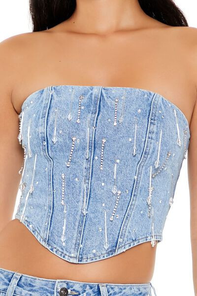 Rhinestone Denim Tube Crop Top | Forever 21