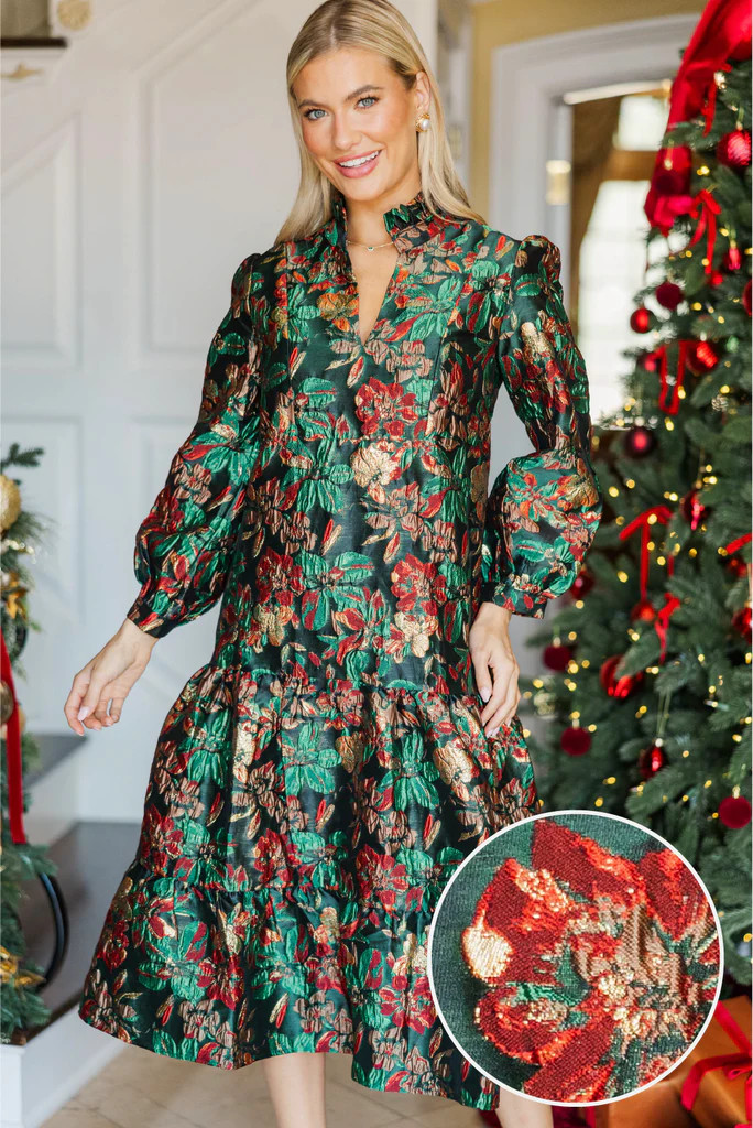 Always On My Mind Emerald Brocade Midi Dress | The Mint Julep Boutique