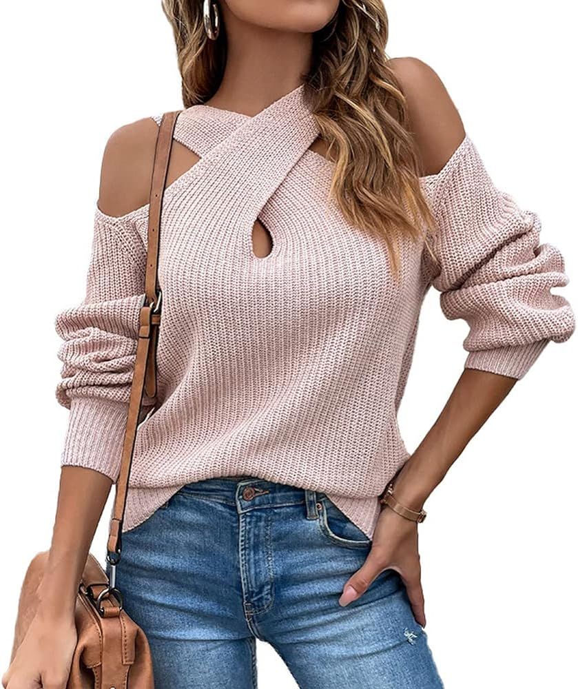 chouyatou Women's Fall Sexy Criss Cross Halter Neck Cold Shoulder Tops Cutout Knit Sweater | Amazon (US)