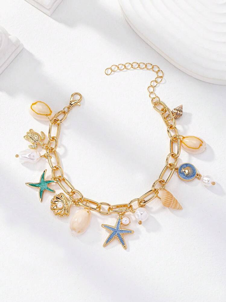 1 Pc Summer Vocation Beach Style Enameled Starfish Shell Multi Charm Bracelet For Women | SHEIN
