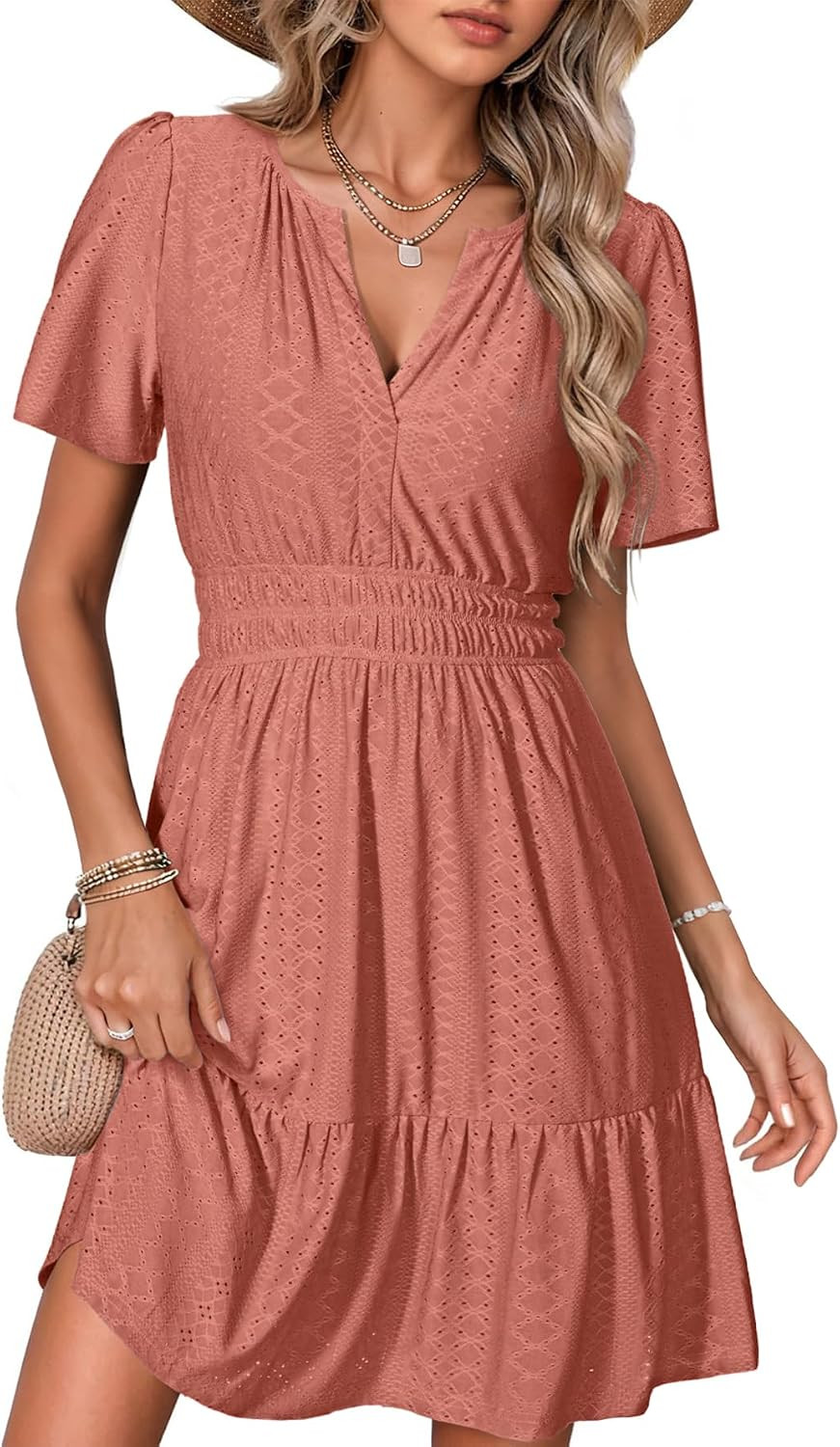 Simplee Womens 2026 Summer Mini Dress Eyelet Short Sleeve Cocktail Short Dresses Cute A Line Sun Dress with Pockets | Amazon (US)