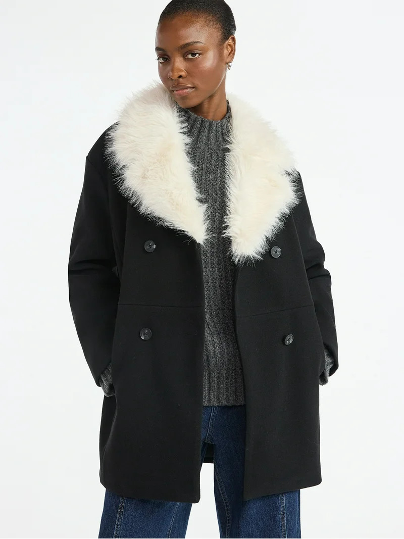Scoop Women's and Women's Plus Oversized Faux Fur Collar Coat, Heavyweight, Sizes XS-4X | Walmart (US)