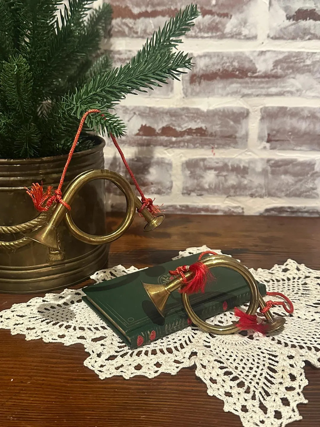 Pair of Vintage Round 5" Brass Decorative French Ornament Horn w/ Red Tassel | Old Christmas Copp... | Etsy (US)