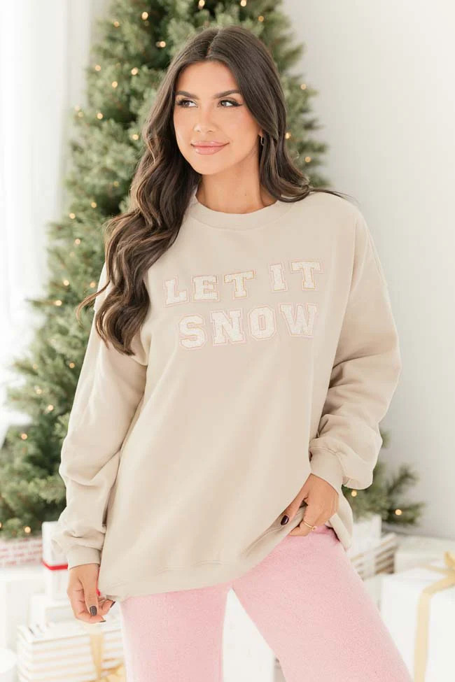 Let it Snow Chenille Patch Ivory Oversized Graphic Sweatshirt | Pink Lily