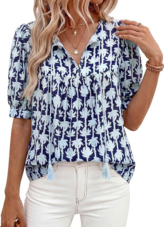 PRETTYGARDEN Womens Summer Boho Tops 2026 Vacation Outfits Casual Tie Front V Neck Peasant Blouse... | Amazon (US)