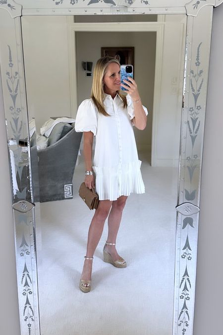 Darling details on this white shirt, dress with puff sleeves and accordion pleat, ruffle, hem line
Fits TTS


#LTKOver40 #LTKSeasonal #LTKStyleTip