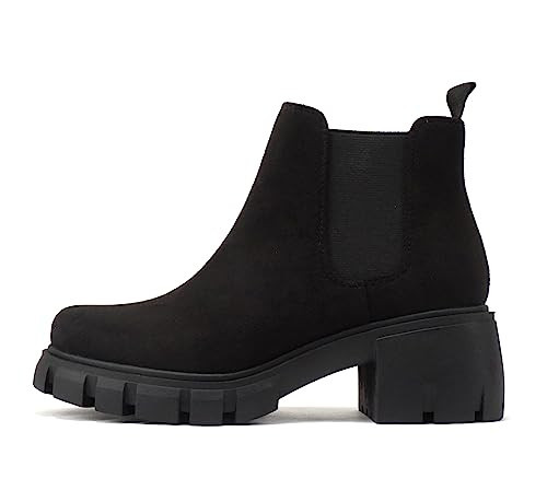 Soda PIONEER ~ Women Lug Sole Mid Heel Chelsea Fashion Ankle Bootie w/Double Elastic Gore (Black Imit Suede, us_footwear_size_system, adult, women, numeric, medium, numeric_7_point_5) | Amazon (US)