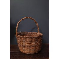 Vintage Round Flat Bottom Wicker/Rattan Basket With Handle - Rustic Farmhouse Style Gathering | Etsy (US)