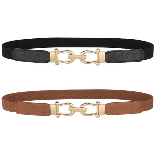 JASGOOD Women Skinny Elastic Belt for Dresses,Thin Retro Stretch Waist Belt with Golden Buckle 2 Pack,Black+Brown | Amazon (US)