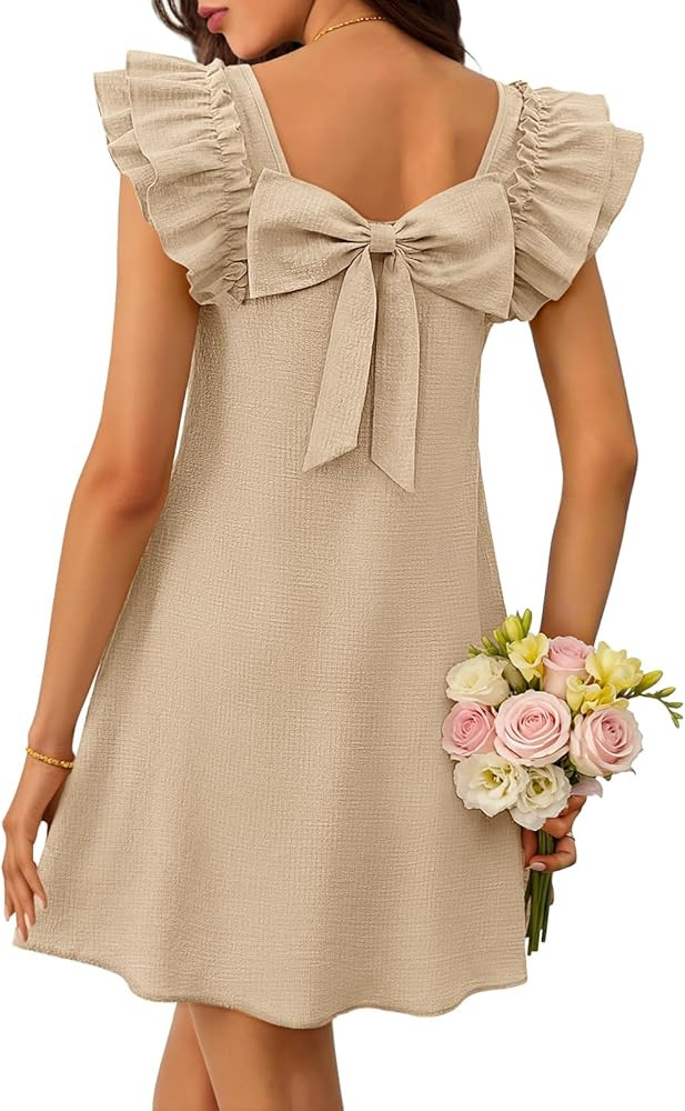 MEROKEETY Women's Spring Ruffle Sleeve Bow Mini Dress 2026 Summer Square Neck Casual Cute Shift S... | Amazon (US)