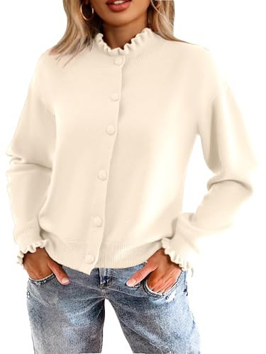 Simplee Short Knit Cardigan Sweaters Casual Ruffle Crew Neck Button Down Open Front Long Sleeve Cardigans Fall Fashion Clothing Beige M | Amazon (US)