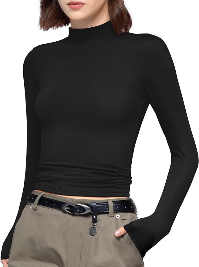 PUMIEY Women's Long Sleeve T Shirts Mock Turtleneck Slim Fit Tops Sexy Basic Tee Smoke Cloud Pro ... | Amazon (US)