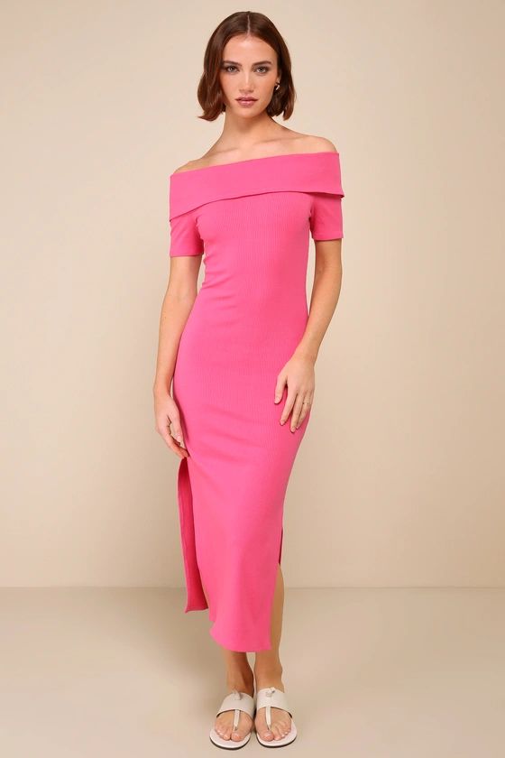 Ribbed Off-the-Shoulder Bodycon Midi Dress | Hot Pink Dress | Pink Midi Dress | Lulus