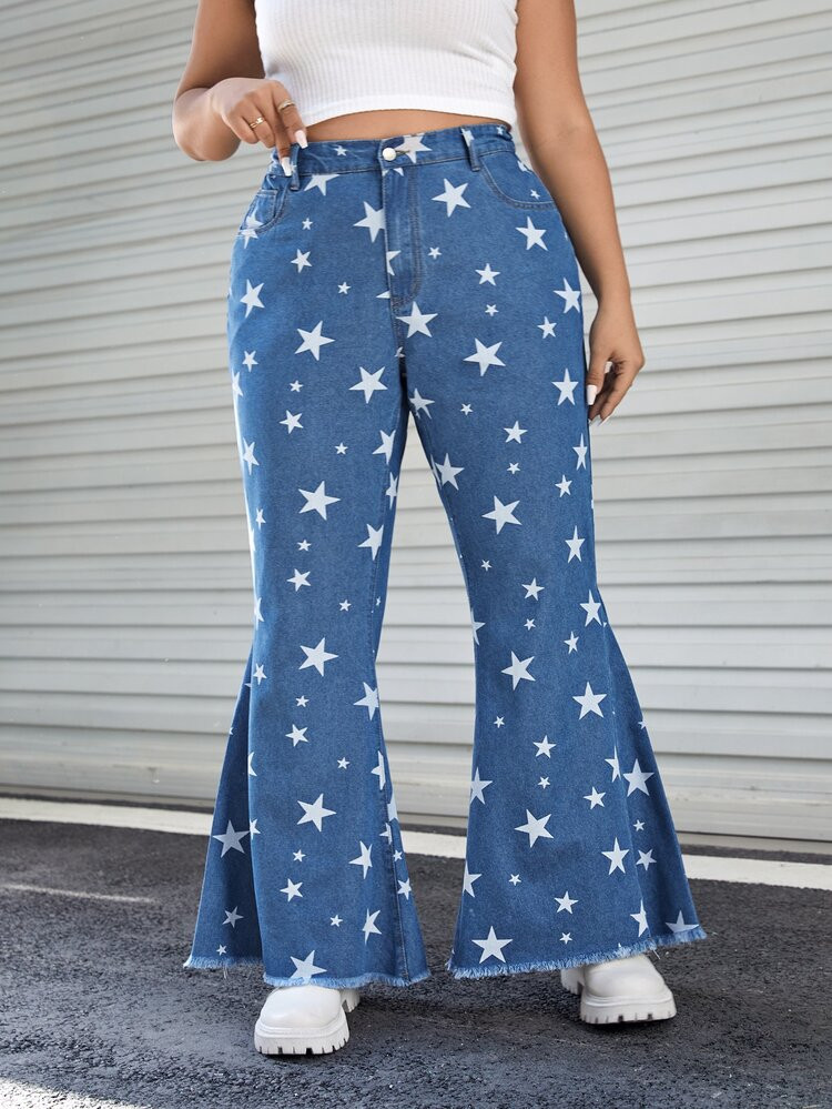 SHEIN Plus Star Print Raw Cut Flare Leg Jeans | SHEIN