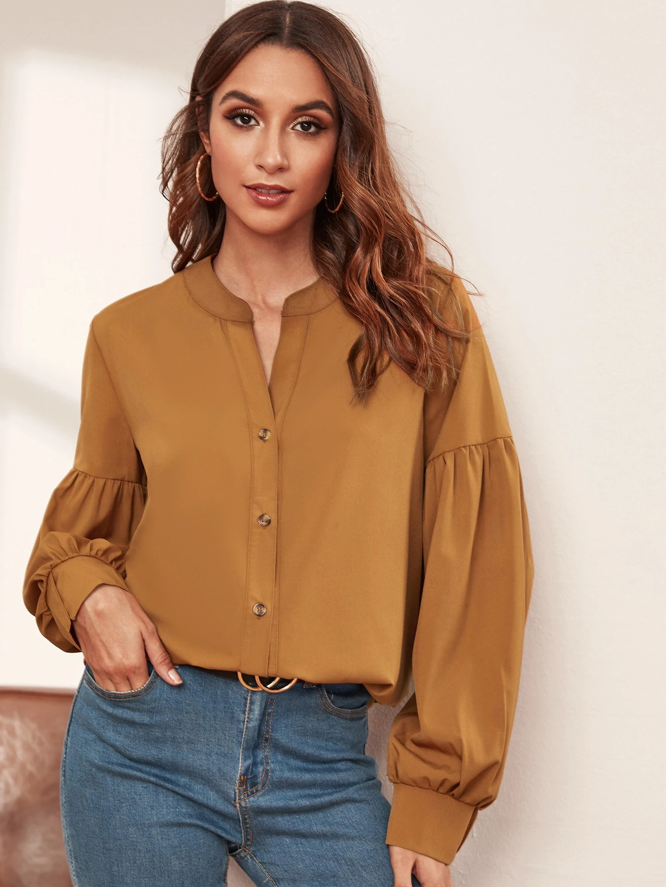 Button Front Notch Collar Drop Shoulder Blouse | SHEIN