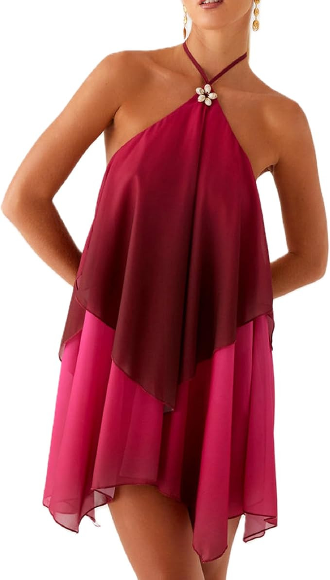 ROAONOCOMO Women Ruffle Halter Neck Mini Dress Mock Neck Open Back Tiered Dress Y2K Mesh Layered ... | Amazon (US)