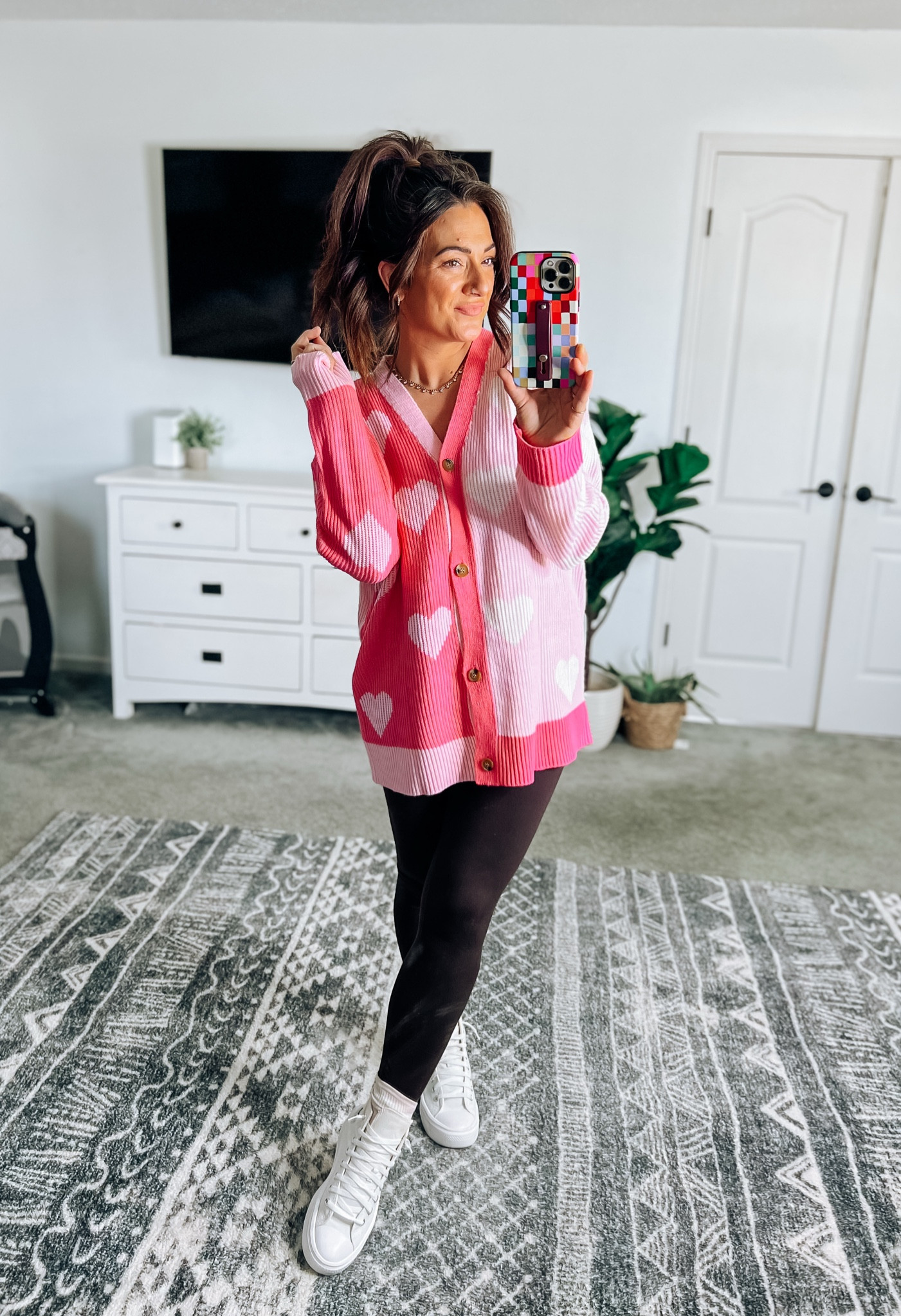 Cute and comfy Valentine’s Day outfit! I have over 4 of these leggings, they’re my fave everyday option! This is a dark brown 😍 tts. Cardigan is super soft and perfectly oversized covering the front and back for leggings, but looks great with jeans too! 

#LTKFindsUnder50 #LTKSeasonal #LTKStyleTip