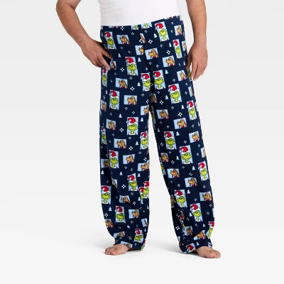 Men's Grinch Print Fleece Holiday Matching Family Pajama Pants - Navy Blue | Target
