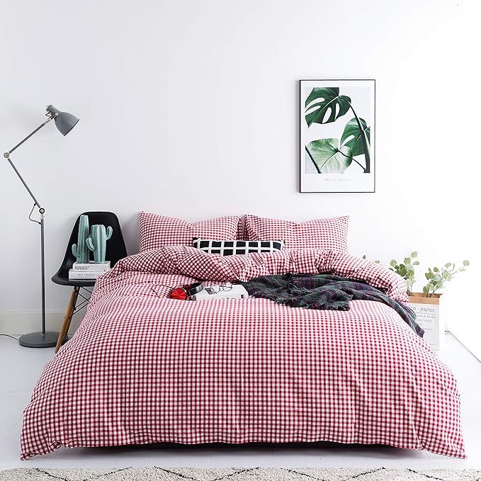 Amazon.com: SUSYBAO Red Gingham Duvet Cover Queen 100% Washed Cotton Farmhouse Plaid Duvet Cover ... | Amazon (US)