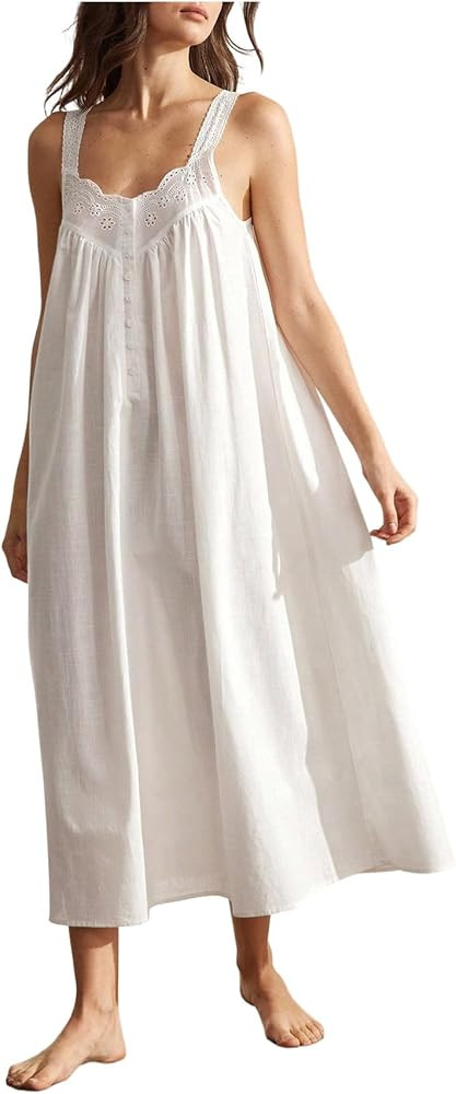 OYOANGLE Nightgowns for Women Sleeveless Eyelet Dress Long House Dress | Amazon (US)