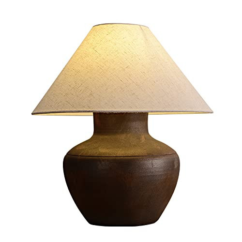 PSXPSXO Farmhouse Ceramic Table Lamp Rustic Clay Pot Table Lamps Brown Ceramic Lamp Body with White Drum Shade Decor Bedside Nightstand for Living Room Bedroom House | Amazon (US)