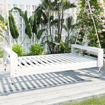 Twin Size Outdoor Porch Swing, Wood Construction, 98 - Inch Hemp Ropes, White, Good For Tai Chi Swing Bed, Wood, 400Lbs Capacity, Ideal Wind Listening | Wayfair North America