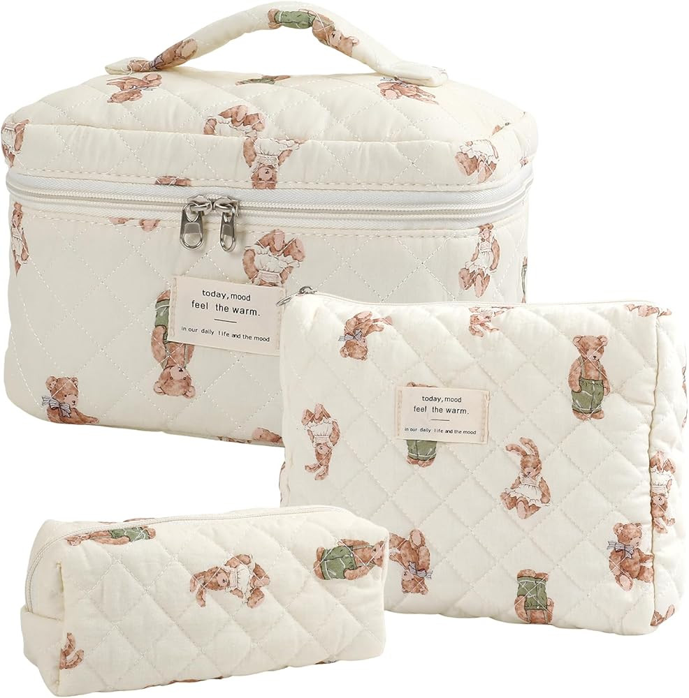 Large Quilted Makeup Bag for Women and Girls, Cute Coquette Floral Cotton Cosmetic Bag, Aesthetic... | Amazon (US)