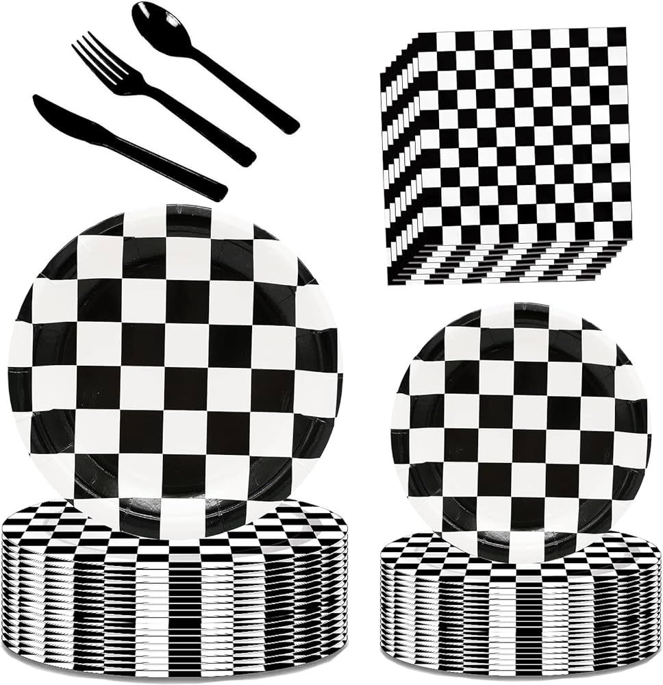 Black and White Checkered Race Car Party Supplies 150Pcs,Racing Party Tableware Set 9"& 7"Checker... | Amazon (US)