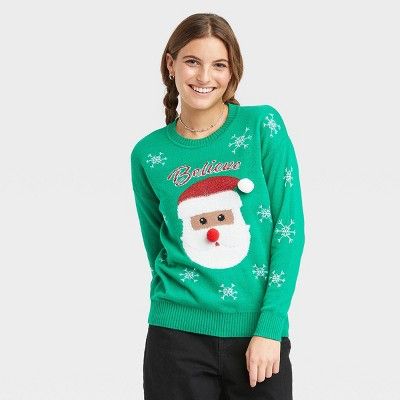 Women's Holiday Believe Santa Graphic Pullover Sweater - Green | Target