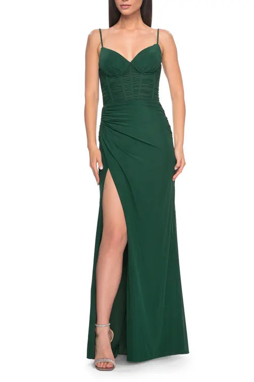 La Femme Net Jersey Fitted Dress with Ruched Bustier Top in Dark Emerald at Nordstrom, Size 12 | Nordstrom