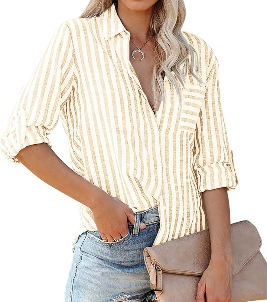 R.Vivimos Women's Fall Cotton Long Sleeves Roll Up Striped Casual V Neck Button Down Shirts Blouses | Amazon (US)