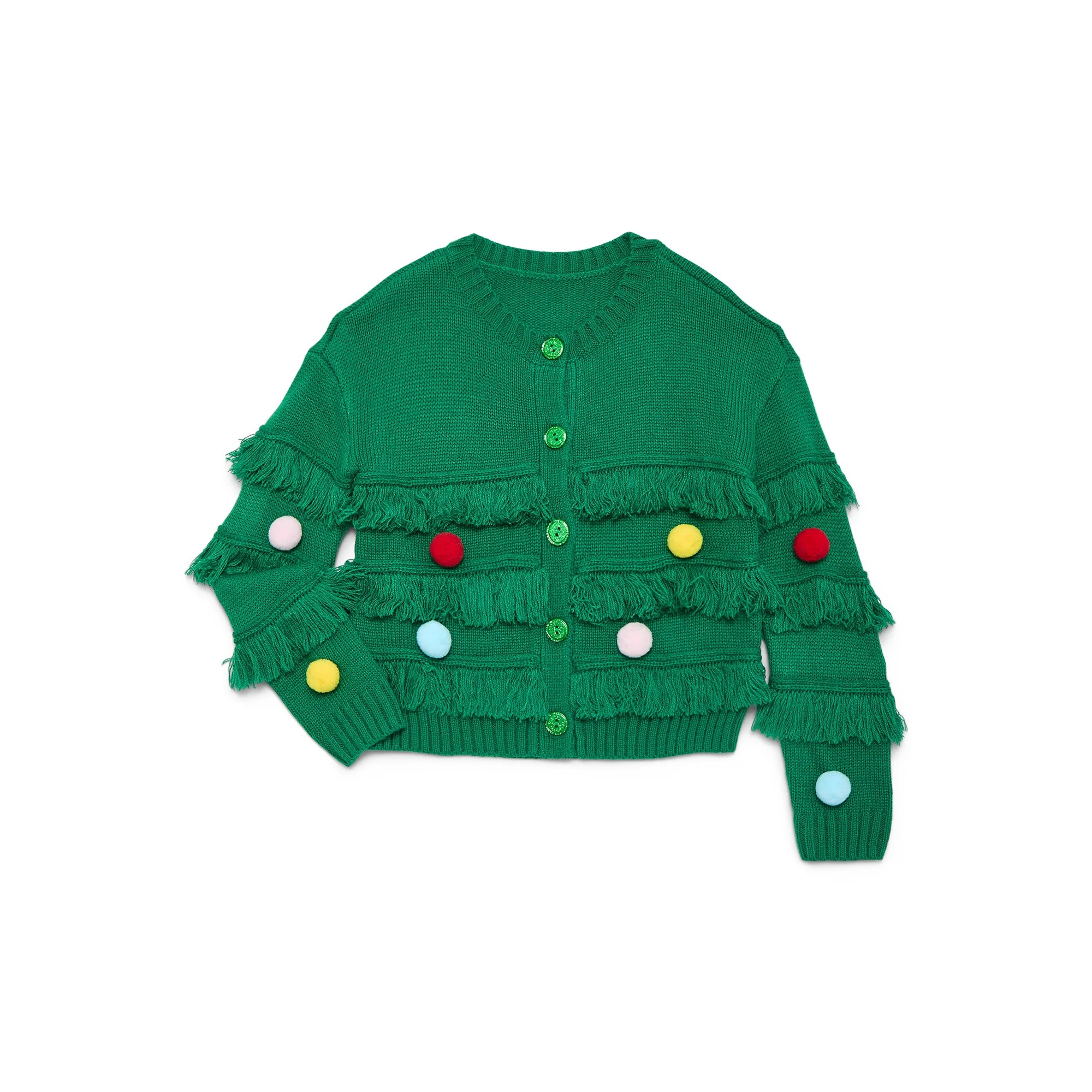 Holiday Time Girls Fringe Cardigan Sweater with 3D Trim, Sizes 4-18 & Plus | Walmart (US)