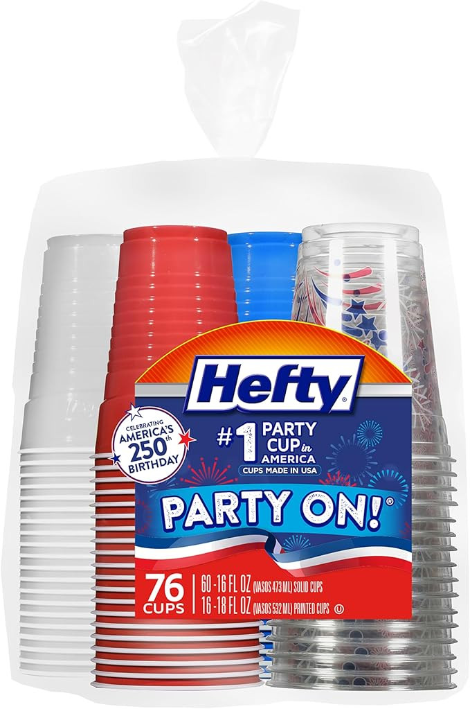 Hefty Party On Disposable Plastic Party Cups, 76 Count, 16 Oz Cups in Assorted Patriotic Colors a... | Amazon (US)