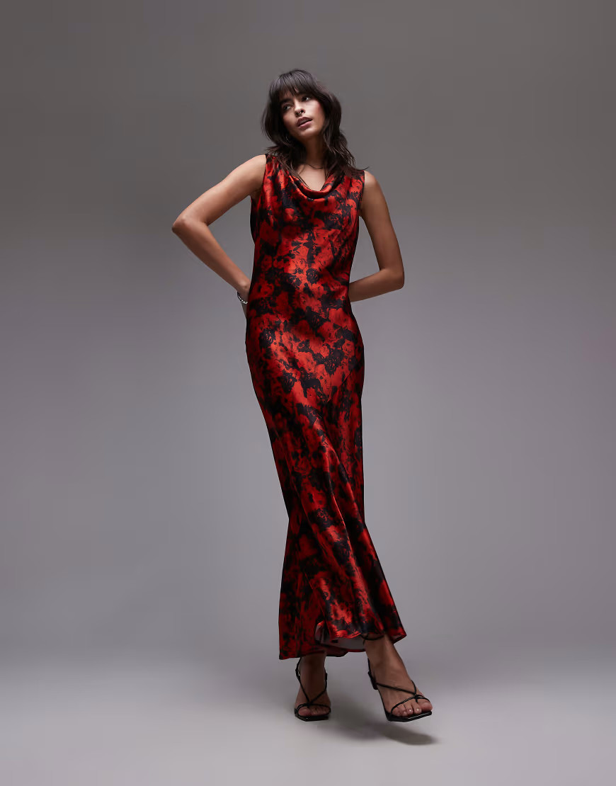 Topshop built up cowl neck maxi dress in small red rose | ASOS (Global)