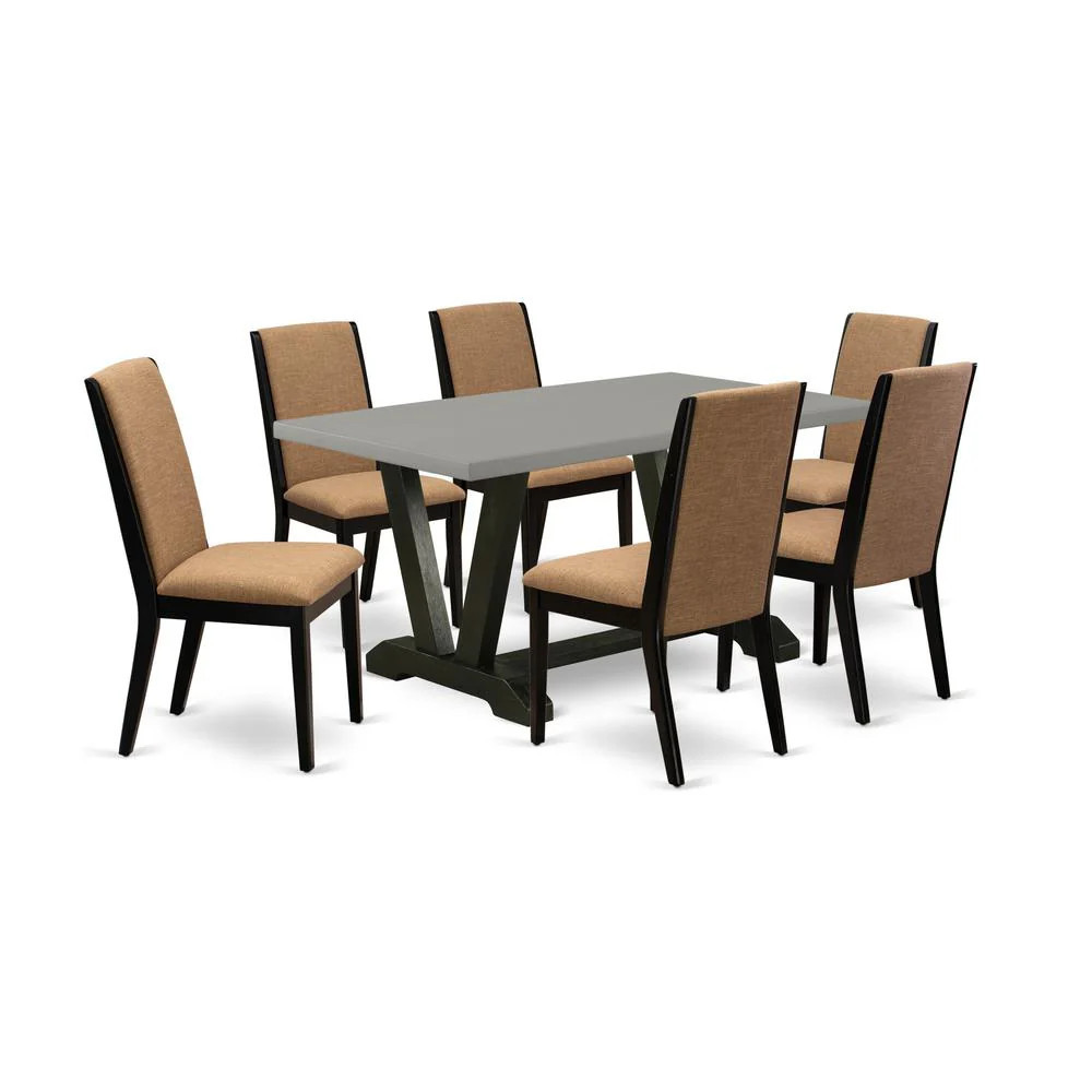 7-Piece Amazing Dining Room Table Set an Excellent Cement Color Wood Table Top and 6 Gorgeous Linen Fabric Dining Room Chairs with Stylish Chair Back | Shop Simon
