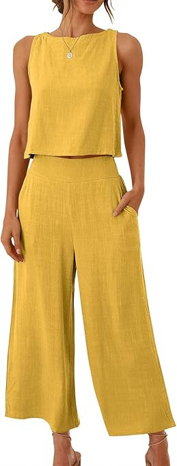 ANRABESS Women's Summer 2 Piece Outfits Sleeveless Crop Top Capri Wide Leg Pants Jumpsuit Linen L... | Amazon (US)