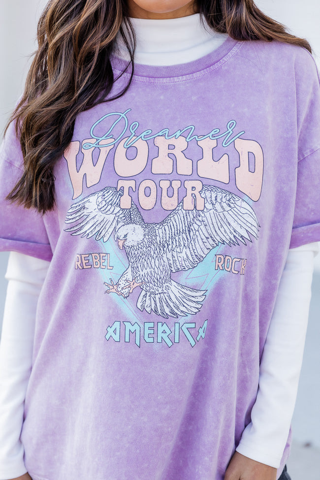 World Tour Lilac Acid Wash Rolled Sleeve Graphic Tee | Pink Lily